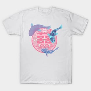 Double Happiness Koi Fish Blush Pink and Baby Blue with Pink Symbol - Hong Kong Retro T-Shirt